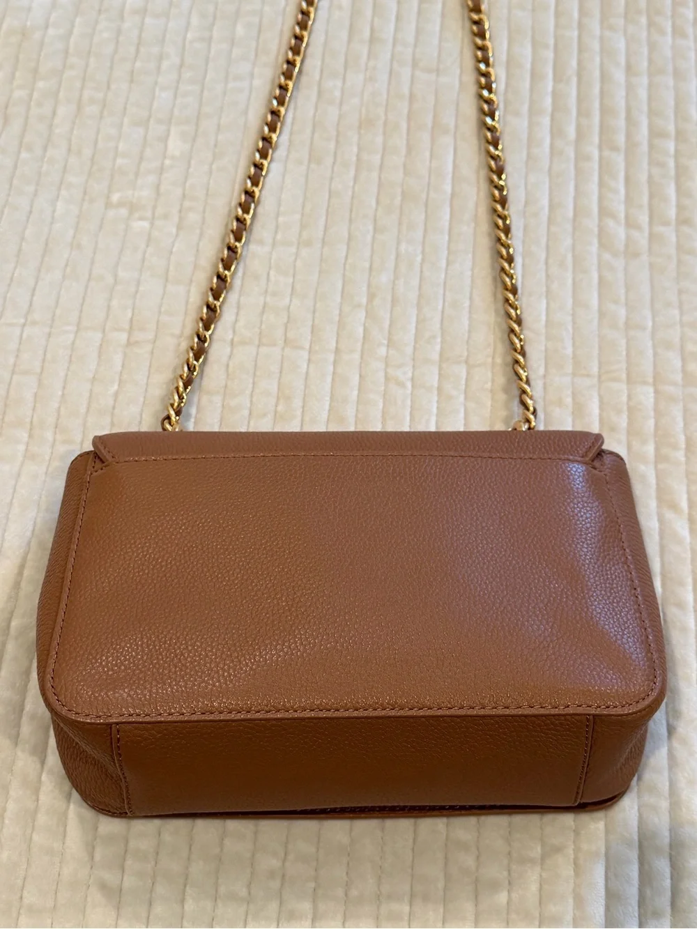 Tory Burch Tan Pebbled Leather Chain Shoulder Bag with Gold Logo